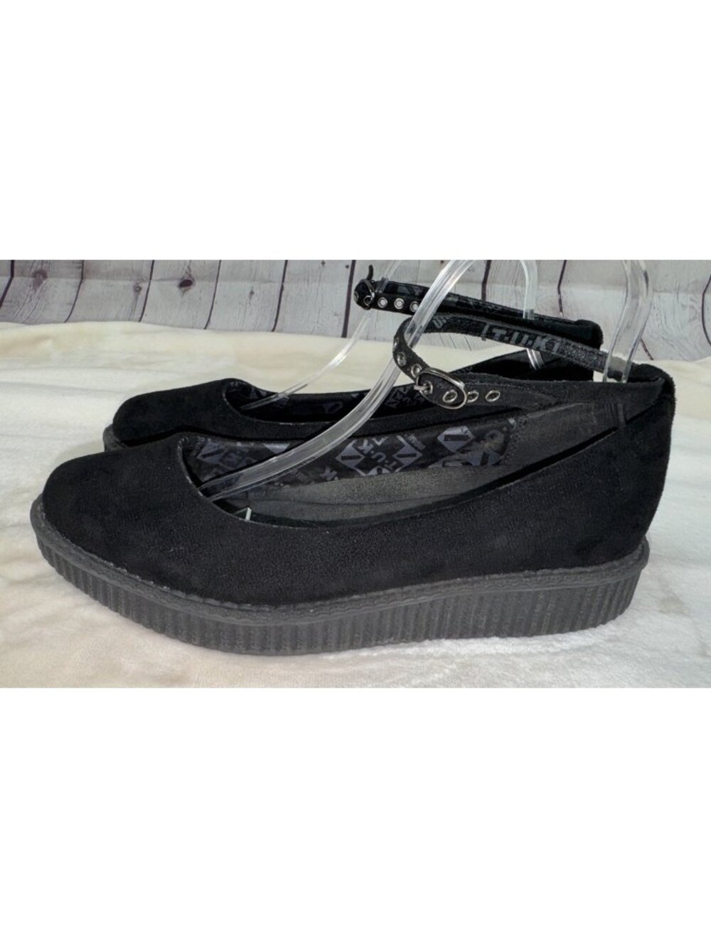 TUK Black Suede Ballet Flat Creeper Ankle Strap Size 10?